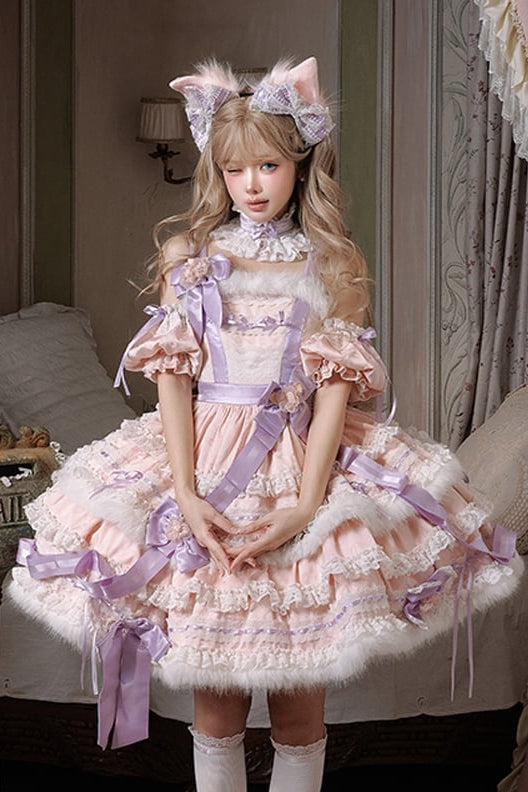 【12月26日予約締切】キャットファンタジーピンクパープルファーリボンティアードドレス＋猫耳ヘッドKC＋レースチョーカー