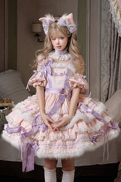 【12月26日予約締切】キャットファンタジーピンクパープルファーリボンティアードドレス＋猫耳ヘッドKC＋レースチョーカー