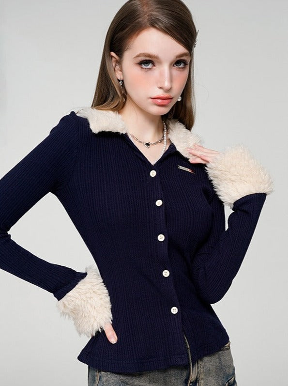 Fur Slim V-Neck Top