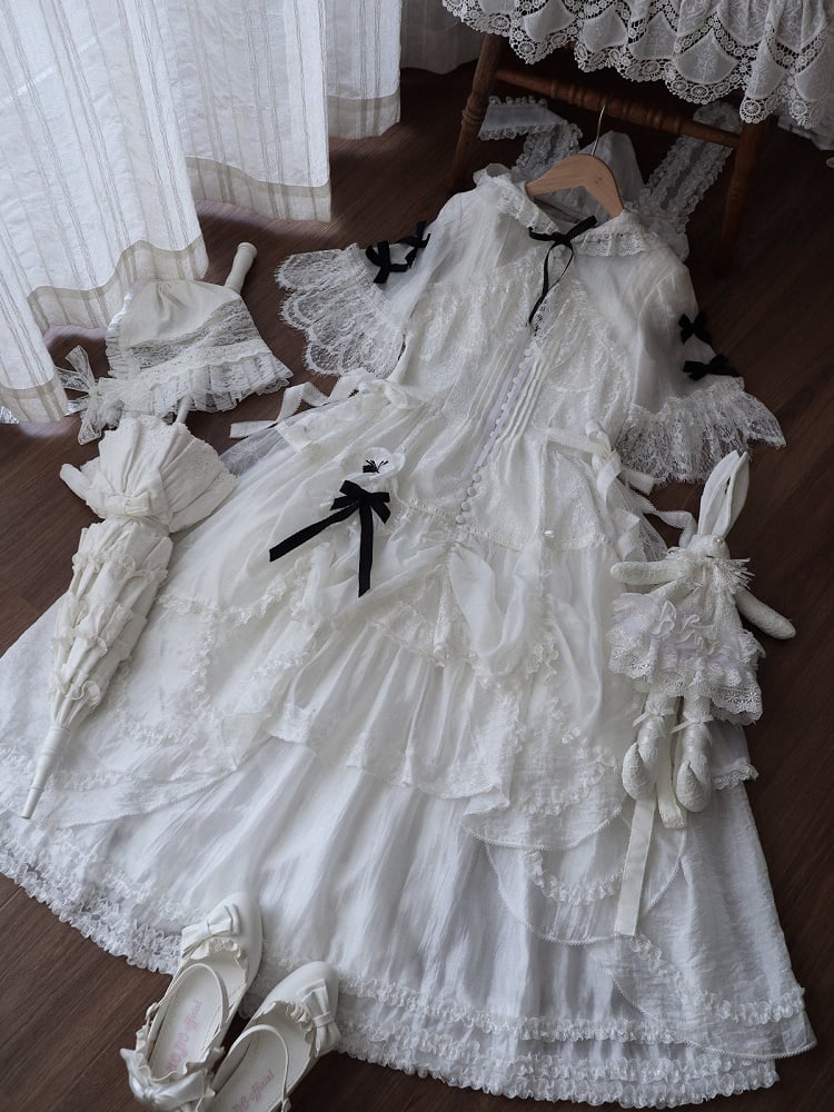 [Reservierungsschluss 18. August] Weiße Fairy-Lace-Rüschen-Lolita-Kapuzen-Shortjacke mit Hasenohren + Innenrock (Petticoat)