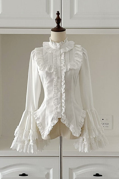 【12月6日予約締切】クロスノクターンホワイトブラック姫袖フリルシャツ