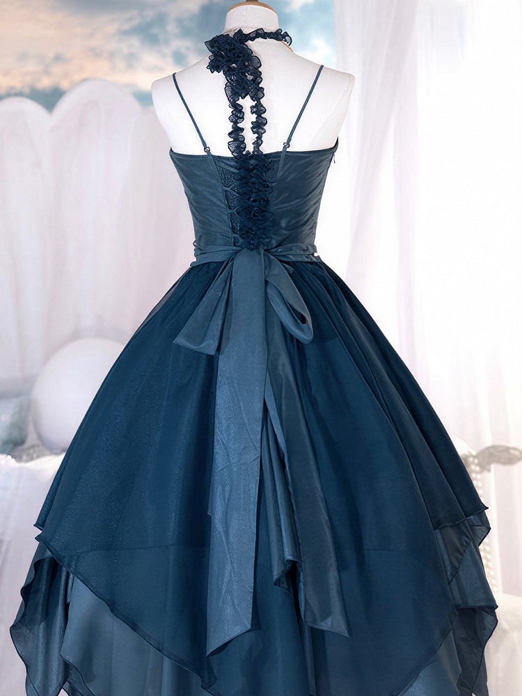 [Reservierungsschluss 1. Juni] Dunkelblau/Pink/Dunkelpetrol Atlantis Dark-Fantasy-Lolita Sternen-Korsett asymmetrisches Bustier-JKS-Kleid