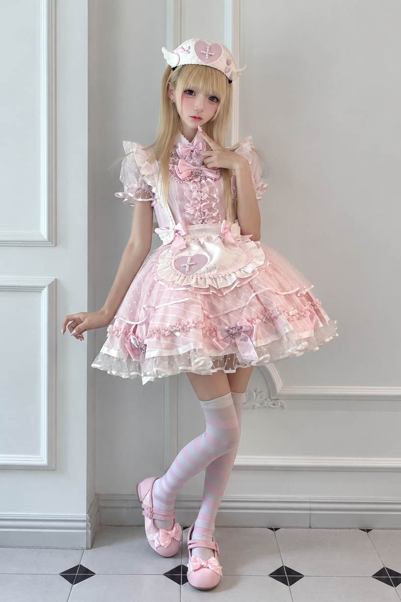 【10月15日予約締切】Pink/Blue Medical Angel Bow Frill Apron Dress Set + Nurse Hat + Nurse Hat