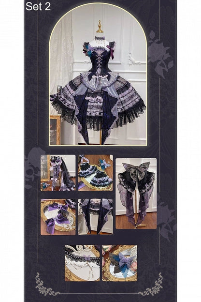[Pre-order Deadline: August 29] Purple x Black Dark Gothic Butterfly Lace-Up Corset Bustier + Lace Ruffle Layered Skirt (with Front Ruffle Train) Matching Set + Dress Set 1/2/3
