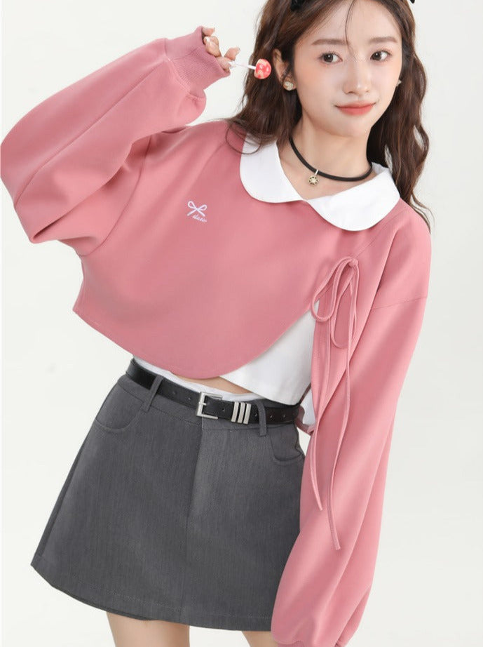 White Color Slit Ribbon Design Short Sweatshirt