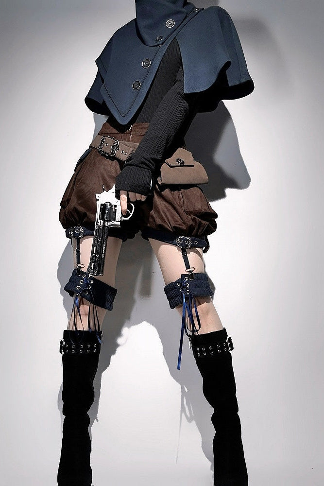【10月6日予約締切】Dark Navy X Brown Prince Lolita Asymmetrical Cape + Black Knit Top + Leg Ring Shorts + Belt With Pockets + Scarf Ouji Fashion