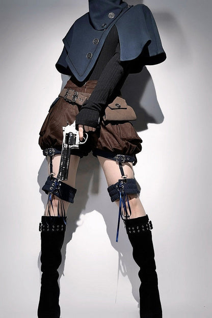 【10月6日予約締切】Dark Navy X Brown Prince Lolita Asymmetrical Cape + Black Knit Top + Leg Ring Shorts + Belt With Pockets + Scarf Ouji Fashion