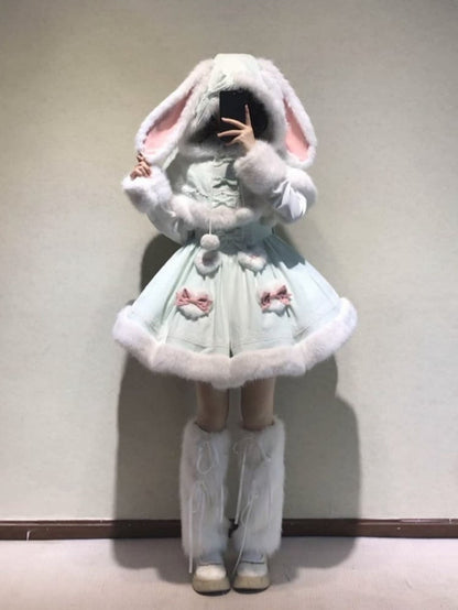 【12月19日予約締切】Sweet Dream Rabbitミントグリーンうさ耳フーディーファーケープ＋OPドレス＋サスペンダードレス＋インナートップス