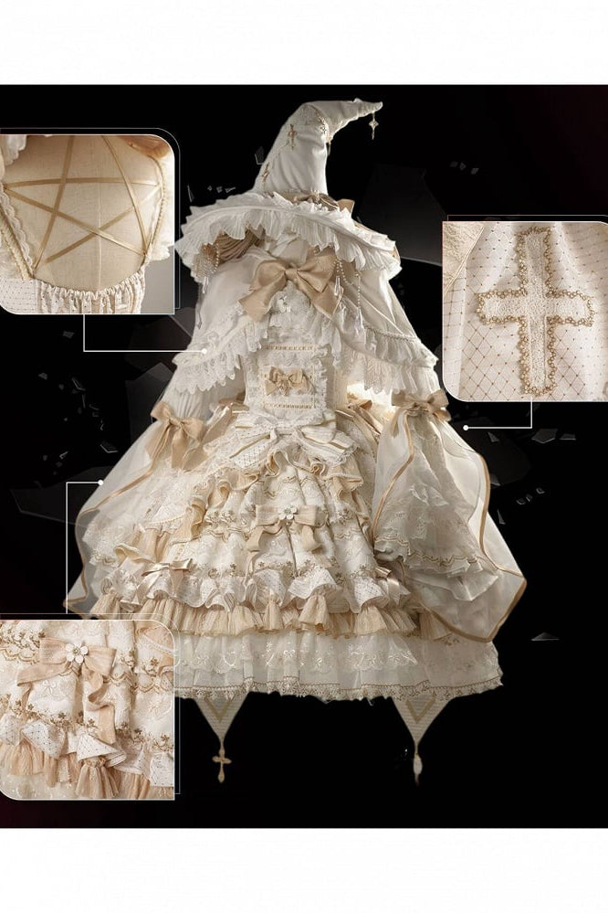 [Cierre de reserva el 14 de septiembre] Conjunto completo Elegant White Gold Witch: vestido JSK cruz + cola con lazo grande + capa con capucha + mangas desmontables + sombrero de bruja + mangas exteriores
