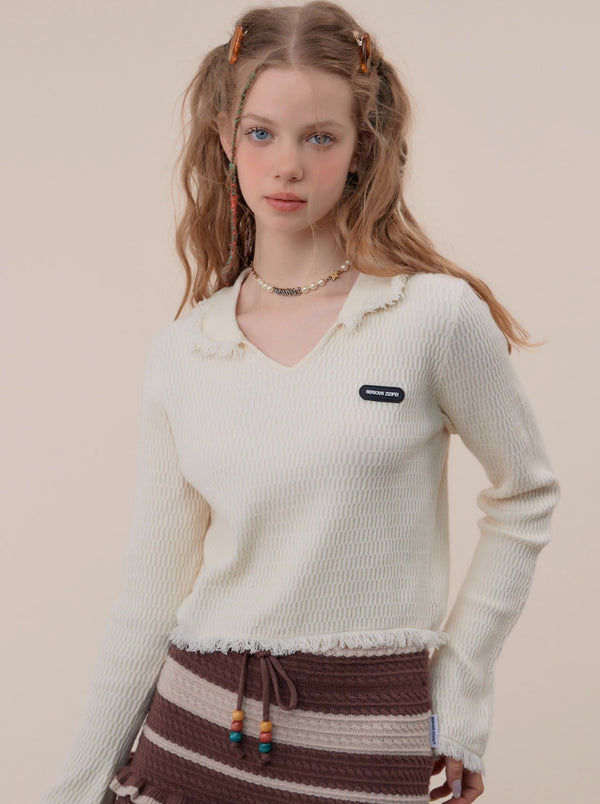 フリンジデザインショートレトロポロ V ネックニット