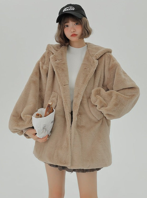 Velvet fur hooded long coat + hooded short coat