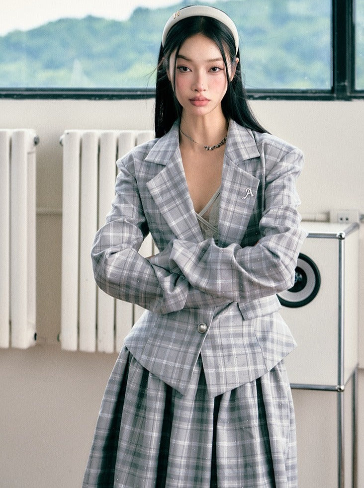 Diamond Check Waist Blazer + Short Skirt + Long Skirt