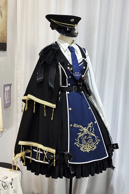 【6月28日予約締切】レッドブラック/ブルーブラックダークロリータゴールドエンブロイダリーテーラーカラーJKSドレス＋ネクタイ＋ウエストバッグ付きベルト