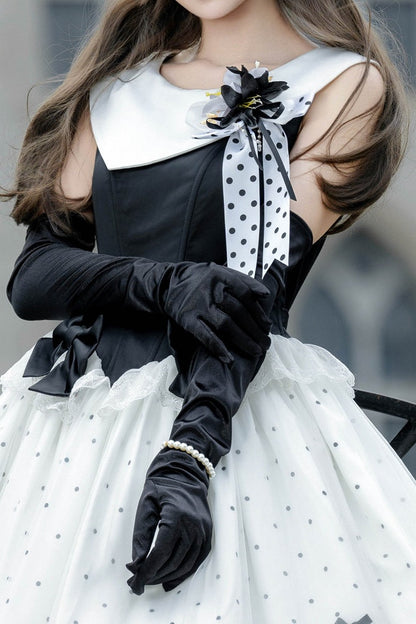 [Date limite de réservation : 17 août] Robe lolita élégante à pois, col classique, superposition de tulle et ruban + ensemble complet