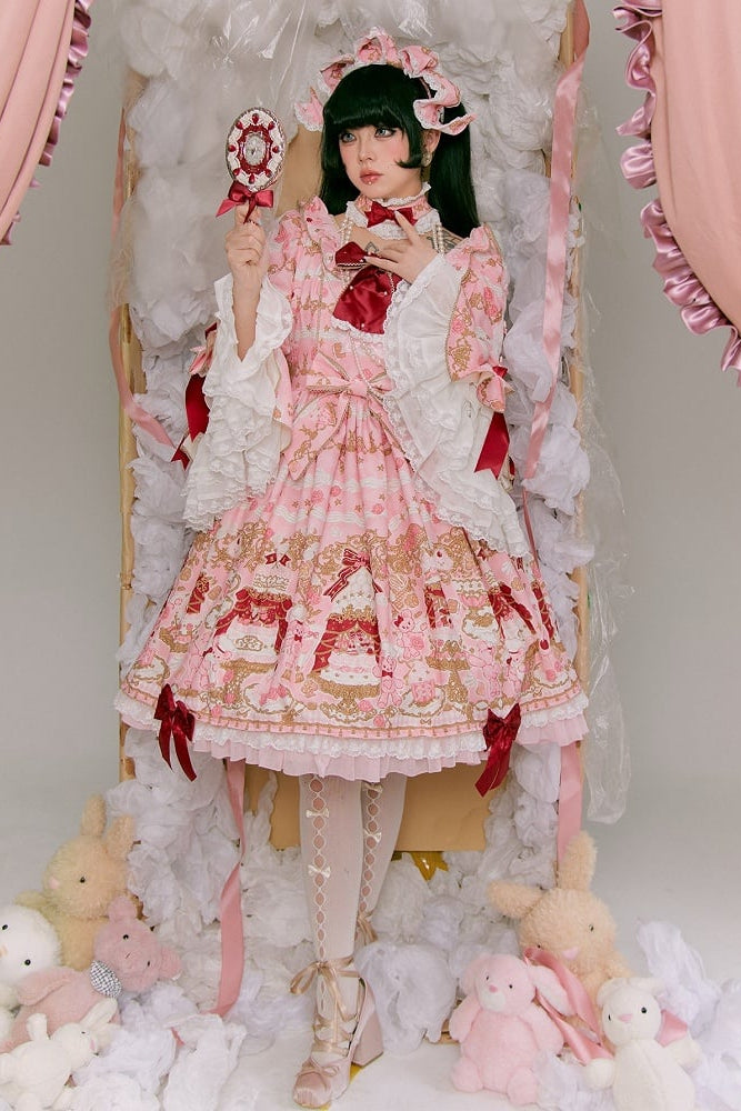 【4月26日予約締切】レトロロマンスイートロリータリボンケーキプリントゴージャス姫袖ドレス