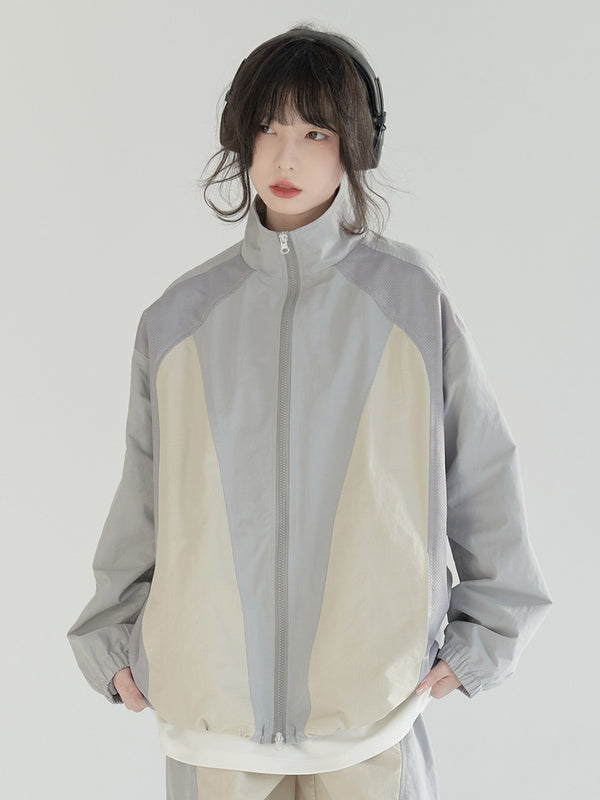 Stitching Contrast Color Stands Color Loose Sport Jacket