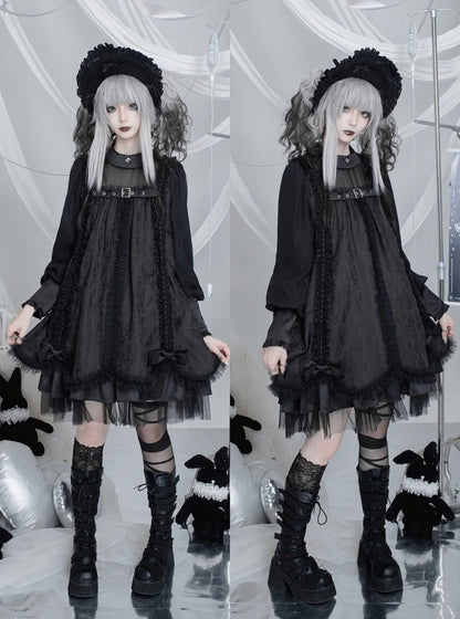 【8月25日予約締切】ティンドールブラックホワイトゴシックロリータレースバックルチュールレイヤードリボンドレス