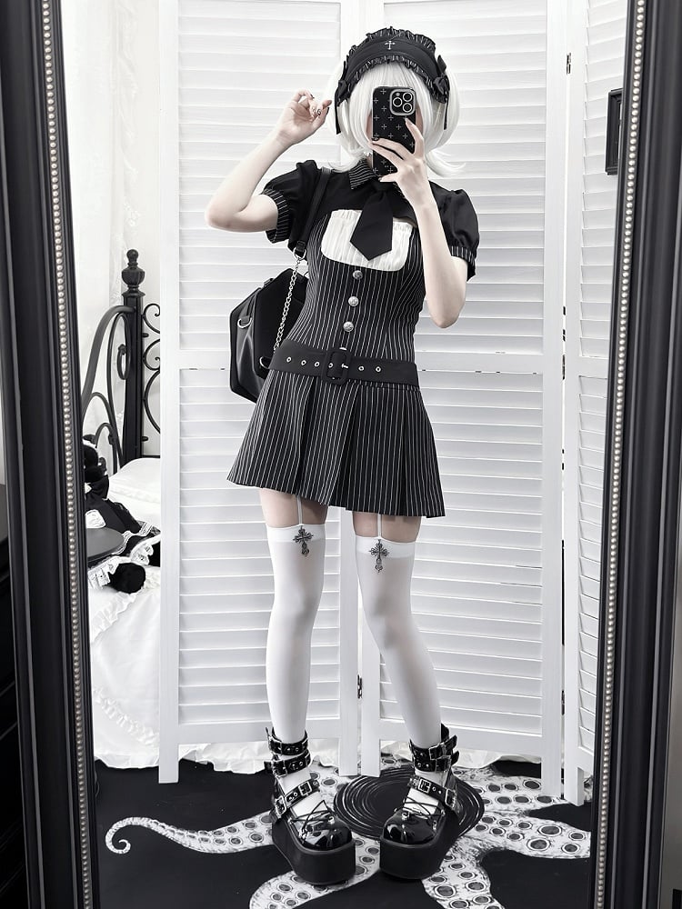 【4月29日予約締切】ブラックピンストライプタイカラーショートジャケットドレスフルセット＋ジュエルキャスケット