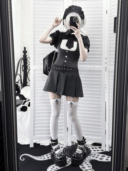 【4月29日予約締切】ブラックピンストライプタイカラーショートジャケットドレスフルセット＋ジュエルキャスケット