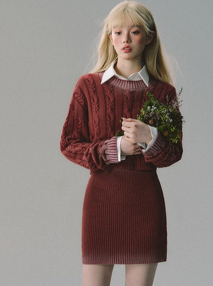 Gradient cable knit + short knit skirt + long knit skirt