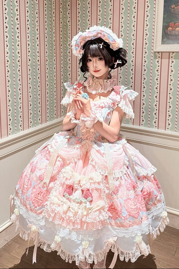 [Reservierungsschluss 26. Juni] Erdbeer-Sweet-Lolita-JKS-Kleid mit Spitze, Flatterärmeln, hochgezogenem Design und Tülllagen