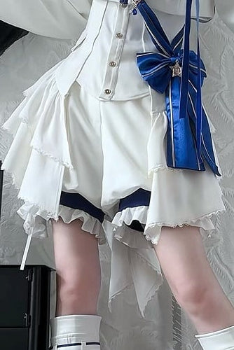 【9月13日予約締切】Blue White Military Ruffle Lolita Jacket (with epaulet bow) + Shirt + Short Skirt Set / Shorts Set + Complete set 1/2 (Officer cap + Leg covers + Sash)