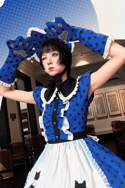 【8月18日予約締切】ダークブルー×ブラックドット猫カフェテイストメイドロリータドレス（エプロン付き）＋コンプリートセット