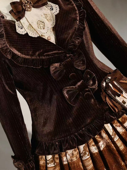 [Reservation Deadline: November 6] Navy Blue/Brown Classic Italian Travel Diary Lolita Silver Thread Velvet Stripe Ribbon Frill Jacket
