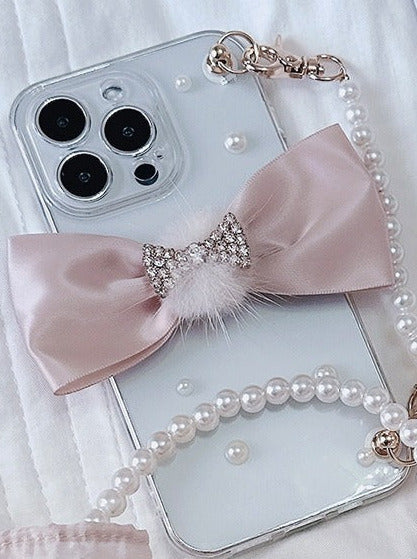 パールチェーンラインストーンリボンミンクファーボールスマホケース