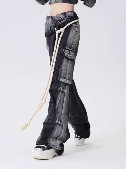 Side-osh design loose cargo denim pants + belt