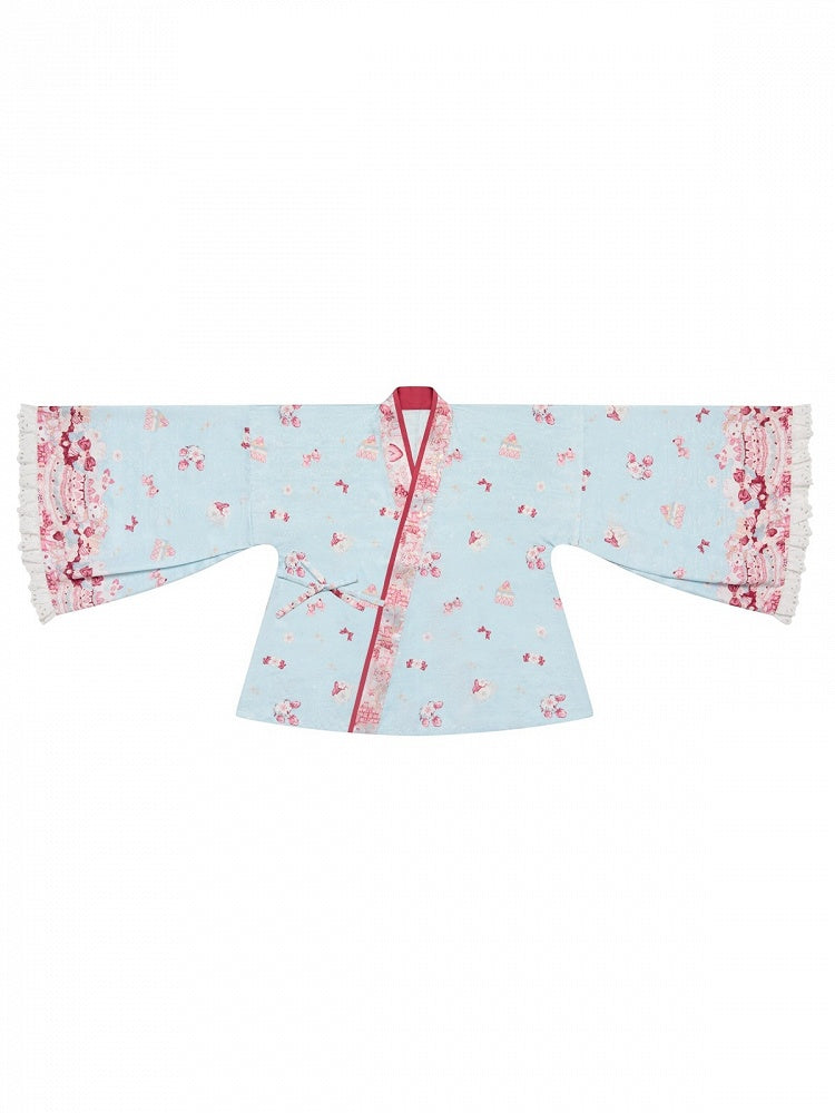 【10月21日予約締切】Pink/Blue Hanfu-inspired Little Lamb Tea Party Lace Wide Sleeve Blouse + Printed Ruffle Skirt + Pleated Mamian Skirt + Strawberry Embroidered Ribbon Lace Apron