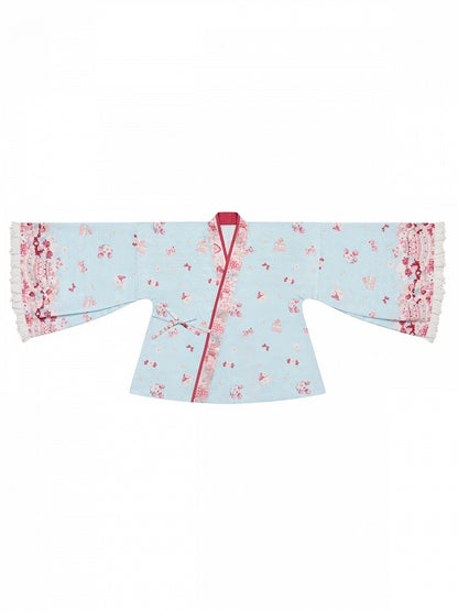 【10月21日予約締切】Pink/Blue Hanfu-inspired Little Lamb Tea Party Lace Wide Sleeve Blouse + Printed Ruffle Skirt + Pleated Mamian Skirt + Strawberry Embroidered Ribbon Lace Apron