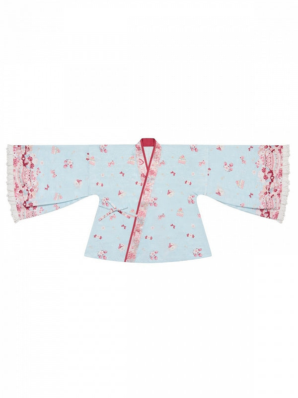 【10月21日予約締切】Pink/Blue Hanfu-inspired Little Lamb Tea Party Lace Wide Sleeve Blouse + Printed Ruffle Skirt + Pleated Mamian Skirt + Strawberry Embroidered Ribbon Lace Apron
