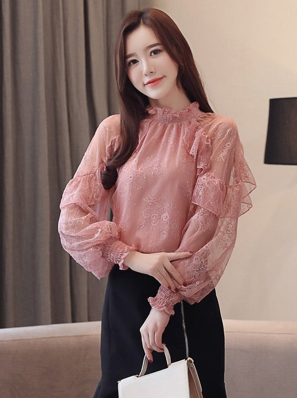 Flower Sheer Ruffle Race Tops