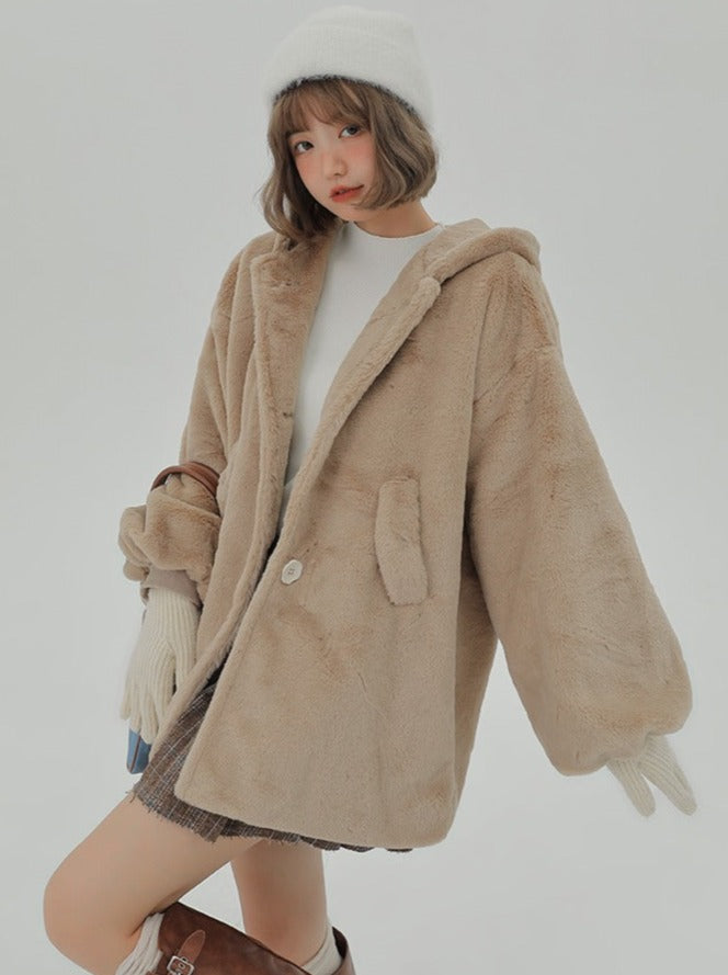 Velvet fur hooded long coat + hooded short coat