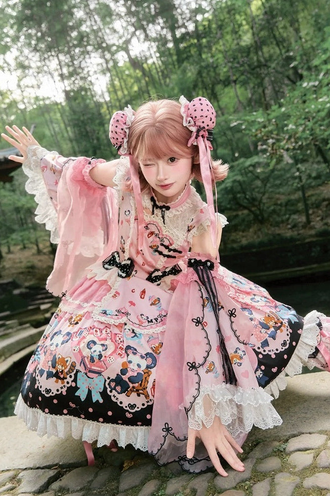 [Pre-order Deadline: October 25] Pink/Green Chinoiserie Lolita Sweet Panda Print Flutter Sleeve Lace Trim Dress + Detachable Flared Sleeves + Leg Covers