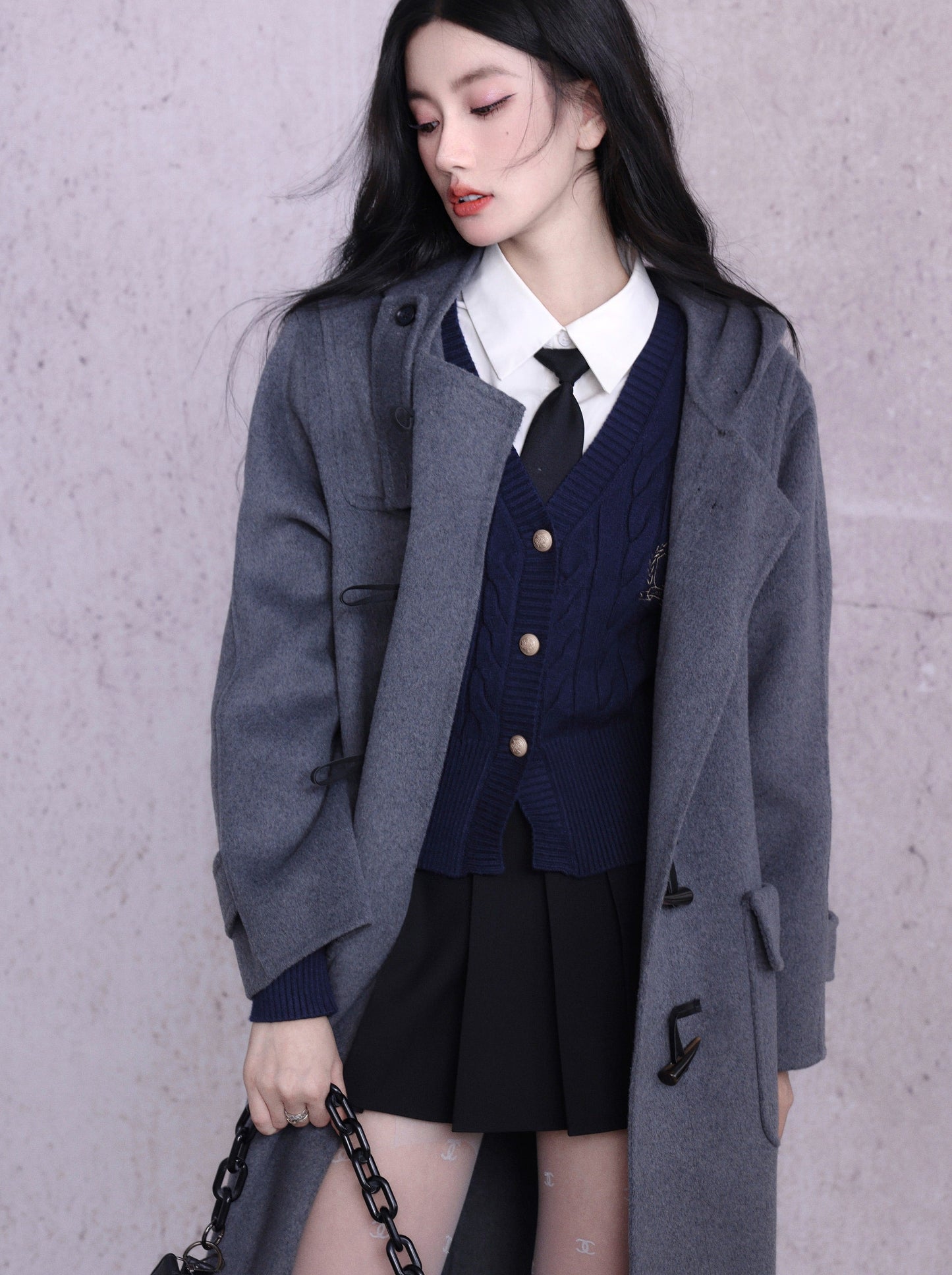 Gray Horn Button Reversible Wool College Coat