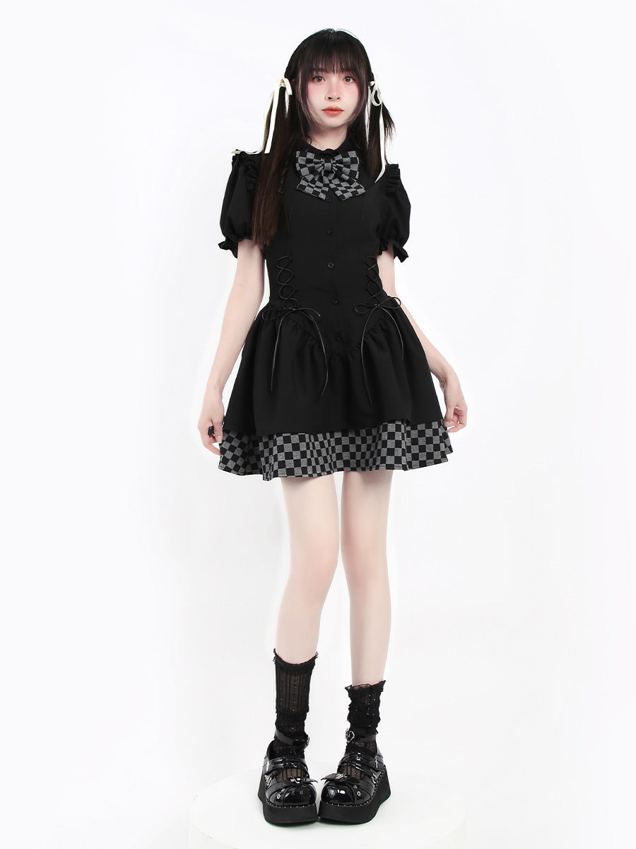 Puff Sleeve Check Ruffle Ribbon Dress