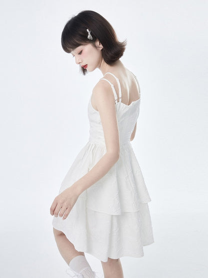 Rose Texture White Cross Suspender Tea Dress