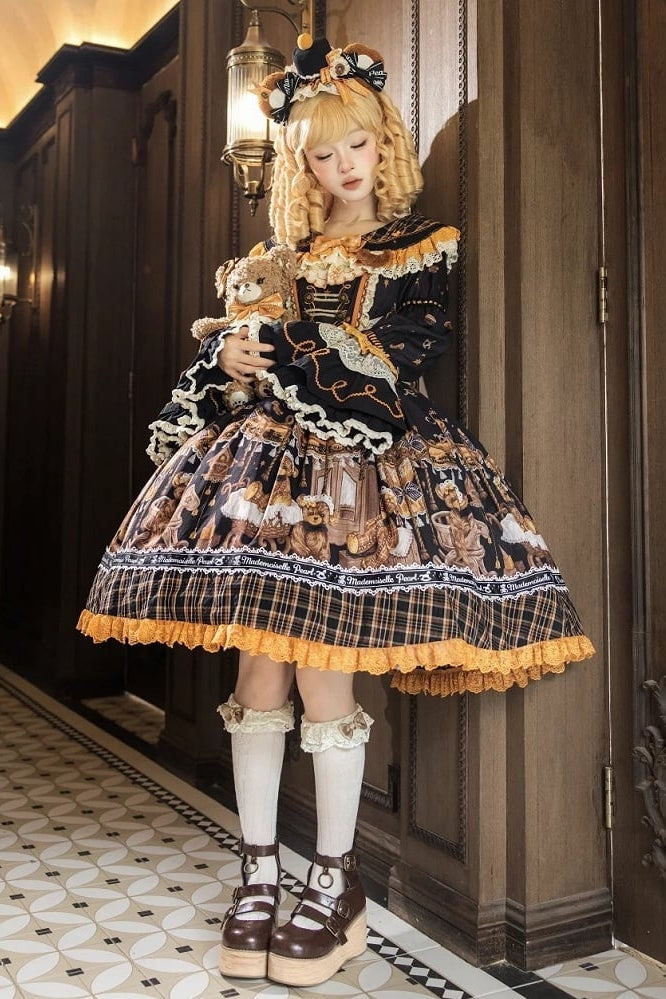 [Reservierungsschluss 8. September] Classic Bear Lolita-Stufenkleid mit weißem Kragen, Karomuster, Spitze und Schleife+Vintage-JSK-Kleid mit Teddybär-Print und Spitze+Vintage-Lolita-Kleid mit Teddybär-Print, Karokragen und klassischem Karomuster