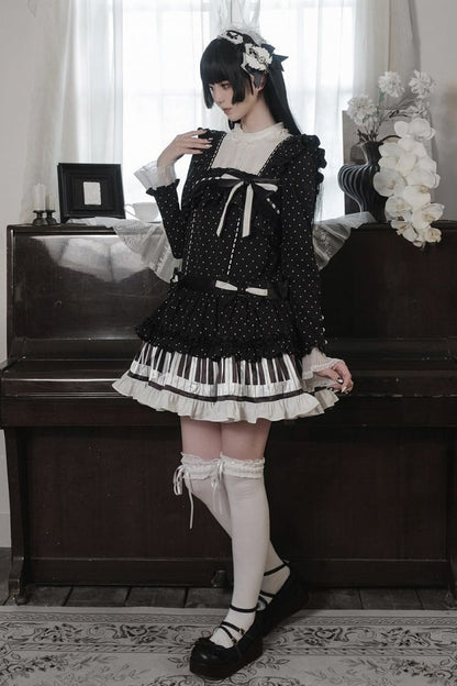 [Date limite de réservation : 22 octobre] Robe de poupée taille basse gothique Lolita à pois/noire avec touches de piano, nœud à volants
