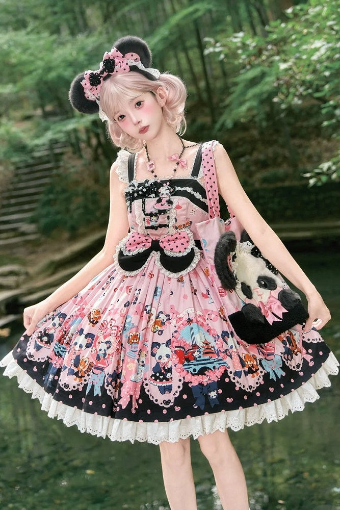 [Pre-order Deadline: October 25] Pink/Green Chinoiserie Lolita Sweet Panda Ear Bow High-Waist Tiered JSK Dress + Bow-Waist Panda Print Dress