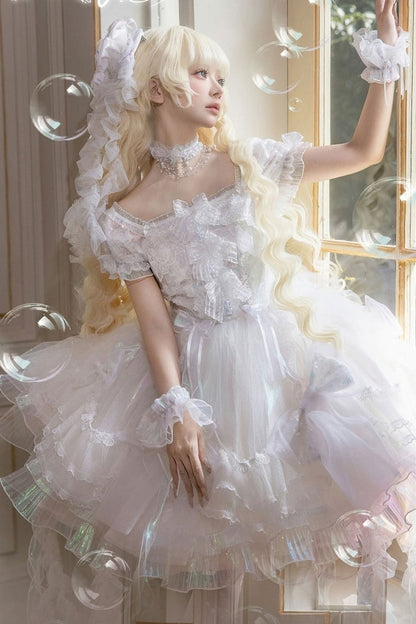 [Reservierungsschluss 1. August] Blau/Weiß/Lila Quallen-Feen-Lolita-Kleid mit Schleifen und Aurora-Schleppe