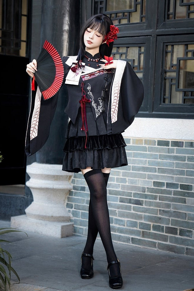 【10月7日予約締切】Black and Red Chinese Dark Gothic Lolita Wide Sleeve Asymmetrical Hem Top + Layered Ruffle Skirt + Necklace + Full Set