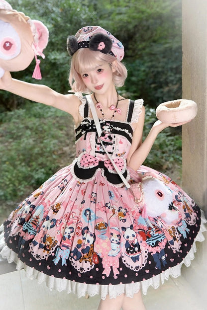 [Pre-order Deadline: October 25] Pink/Green Chinoiserie Lolita Sweet Panda Ear Bow High-Waist Tiered JSK Dress + Bow-Waist Panda Print Dress