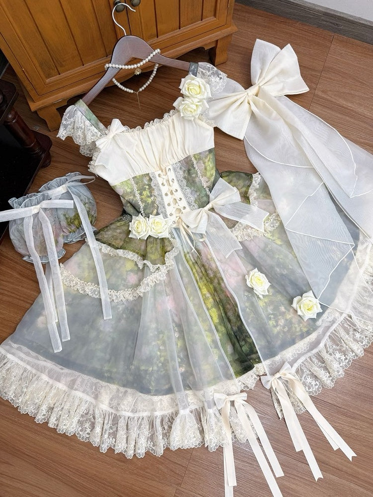 【8月23日予約締切】Elegant Forest Floral Oil Painting Print Classical Lolita series accessories（Back ribbon train・detachable sleeves）