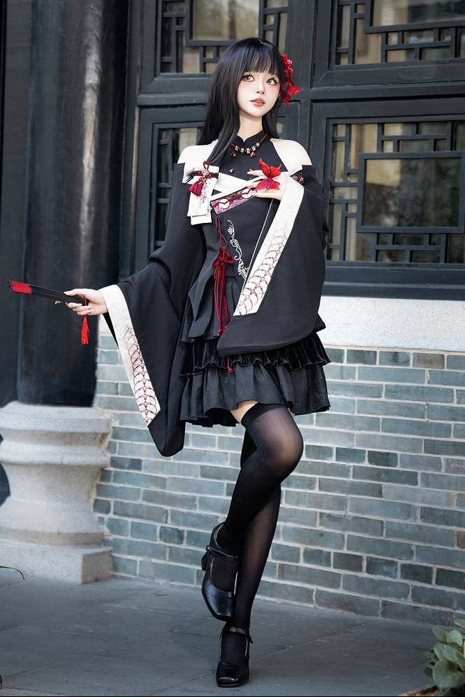 【10月7日予約締切】Black and Red Chinese Dark Gothic Lolita Wide Sleeve Asymmetrical Hem Top + Layered Ruffle Skirt + Necklace + Full Set