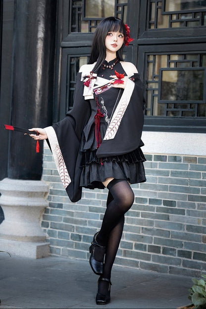 【10月7日予約締切】Black and Red Chinese Dark Gothic Lolita Wide Sleeve Asymmetrical Hem Top + Layered Ruffle Skirt + Necklace + Full Set
