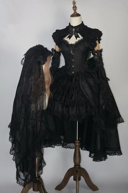 [Date limite de réservation 8 janvier] Set Complet avec Accessoires de Robe Bustier Jacquard Gothic Sombre à Longue Traîne