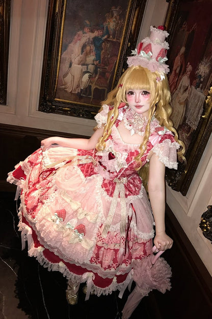 [Reservierungsschluss 26. Juni] Erdbeer-Sweet-Lolita-JKS-Kleid mit Spitze, Flatterärmeln, hochgezogenem Design und Tülllagen
